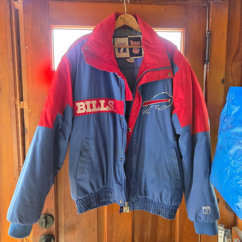 Vintage Logo 7 Buffalo Bills Puffer Jacket Mens XL Blue Red NFL Team Bomber